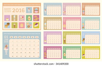 Calendar for 2016 years with bakery cafe.