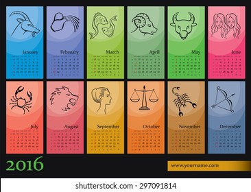 Calendar 2016 with zodiac symbols