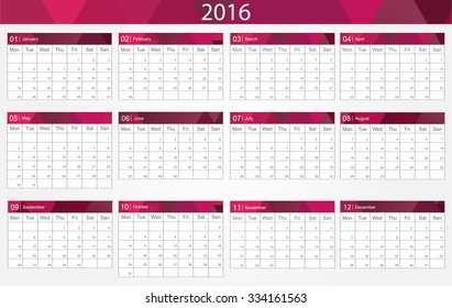 Calendar 2016.Abstract calendar for 2016.Week starts from sunday.Vector illustration.