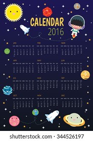 Calendar for 2016,Solar system, Planets comparison, Sun and Moon , Galaxies Classification,Kids space learning,Full vector