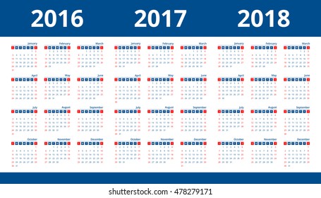 Calendar 2017, 2018, 2016 layout template design simple vector. Week start on Sunday.