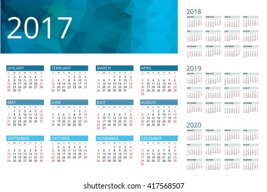 Calendar 2017, 2018,  2019,  2020. Print Template. Week Starts Sunday.  Portrait Orientation. Set of 12 Months. 