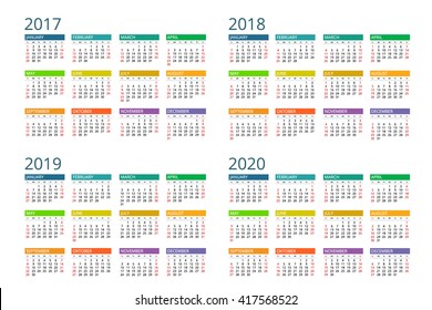 Calendar 2017,  2018, 2019, 2020. Vector, design, flayer, banner, isolated, flat, date, modern