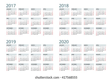Calendar 2017,  2018,  2019, 2020 