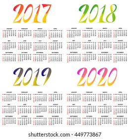 Calendar for 2017, 2018, 2019 and 2020 year. Vector simple design template. Week starts from Sunday.