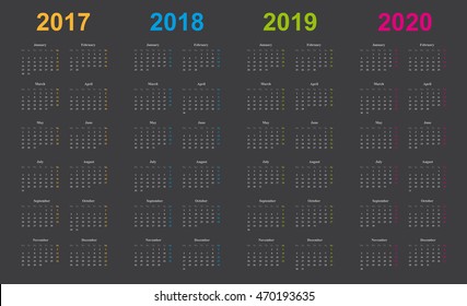 calendar 2017, 2018, 2019, 2020, simple design, gray background, years marked orange, blue, green, pink, 