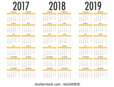 Calendar for 2017 2018 2019 on white background. Week Starts Monday. Simple Vector Template