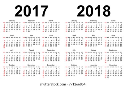 Calendar for 2017 and 2018 with white background.