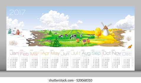 Calendar 2017 - all the year round - four seasons (winter, spring, summer, autumn) and 12 months of the year (with calendar grid on 2017) at a rural panorama with fields, cows, windmill and apiary