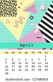 Calendar 2017. April. Retro vintage 80s or 90s fashion style. Memphis cards. Trendy geometric elements. Trendy colors. Eps 10