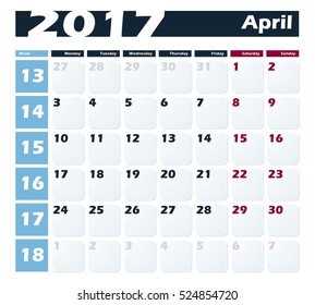Calendar 2017 April vector design template. Week starts with Monday. European version