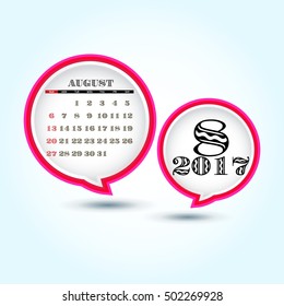 Calendar 2017 August with glossy speech bubble (week starts from Sunday)
