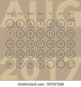 Calendar for 2017. August. Week starts from Monday. Vector template