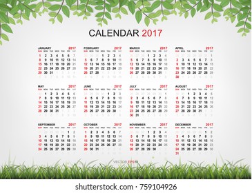 Calendar 2017 background with framing of green leaves and green grass. Natural abstract background with sign and symbol. Vector illustration.