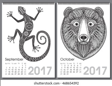 Calendar 2017. Beautiful ornate hand drawn animals for every month. Vector illustration. Two months lists september, october with lizard, bear