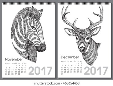 Calendar 2017. Beautiful ornate hand drawn animals for every month. Vector illustration. Two months lists november, de?ember with zebra, deer.