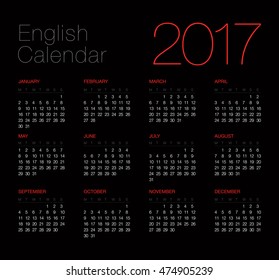 Calendar 2017, black background. Vector,  EPS10.