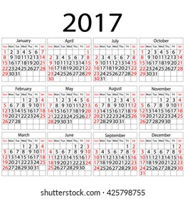 Calendar 2017 in black on cell and red holiday