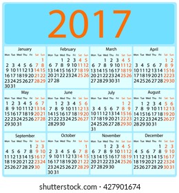 Calendar 2017 in black and orange colors with holiday on blue background european