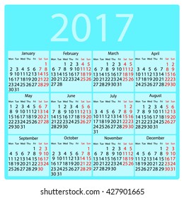 Calendar 2017 in black and red colors with holiday on azure background european
