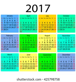 Calendar 2017 black and red holiday on color square