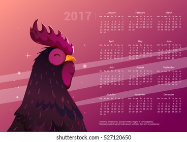 Calendar 2017. Black rooster - the symbol of the Chinese New year. Space background with a rooster. Week starts on Monday