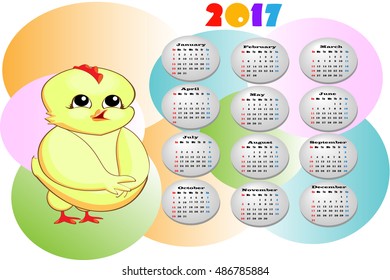 Calendar of 2017, buttons, bubbles ,chicken little.The year of the rooster.-poster ,postcard .Vector illustration .
