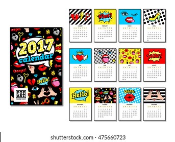 Calendar 2017 in cartoon 80s-90s comic style with fashion patches, pins and stickers. Pop art vector illustration.