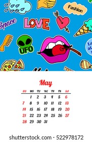 Calendar 2017 In cartoon 80s-90s comic style fashion patches, pins and stickers. Pop art vector illustration. Trendy colors. Eps 10