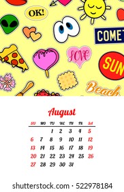 Calendar 2017 In cartoon 80s-90s comic style fashion patches, pins and stickers. Pop art vector illustration. Trendy colors. Eps 10