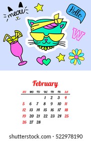 Calendar 2017 In cartoon 80s-90s comic style fashion patches, pins and stickers. Pop art vector illustration. Trendy colors. Eps 10