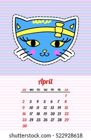 Calendar 2017 with cats. In cartoon 80s-90s comic style with fashion patches, pins and stickers. Pop art vector illustration. Trendy colors. Vector clip art