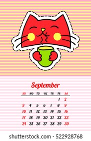 Calendar 2017 with cats. In cartoon 80s-90s comic style with fashion patches, pins and stickers. Pop art vector illustration. Trendy colors. Vector clip art.