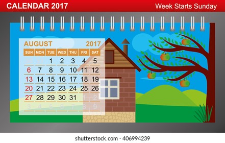 Calendar 2017 with changing seasons. Week Starts Sunday. August.