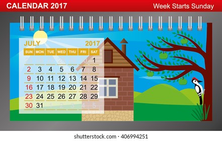 Calendar 2017 with changing seasons. Week Starts Sunday. July.