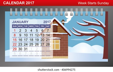 Calendar 2017 with changing seasons. Week Starts Sunday. January.