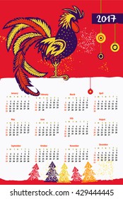 Calendar 2017 Chinese New Year of the Rooster . Vector Illustration with xmas tree. 