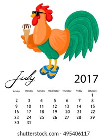 Calendar 2017 cock. Colorful rooster - the symbol of the Chinese New year. July