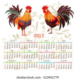calendar for 2017 with colorful lovely two cockerels 