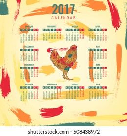 Calendar 2017. Colorful rooster - the symbol of the Chinese New year. Vector illustration