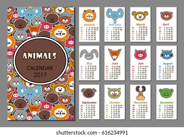 Calendar 2017. Cute animals. Vector illustration.