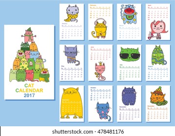 Calendar 2017. Cute cats for every month. Vector. Isolated.