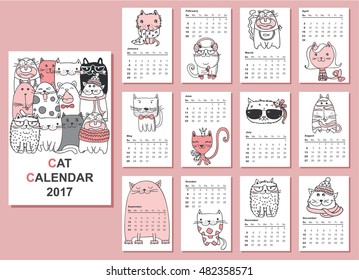 Calendar 2017. Cute cats for every month. Vector. Isolated.