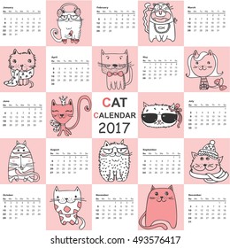 Calendar 2017. Cute cats for every month. Vector. Isolated.