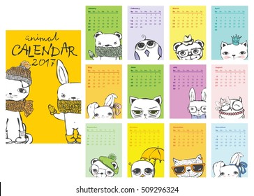 Calendar 2017. Cute different animals for every month. Vector. Isolated.