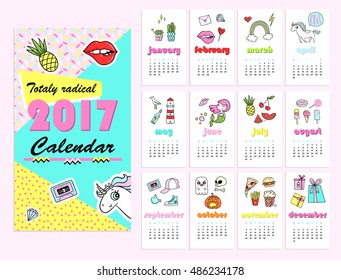 Calendar 2017 with cute quirky stickers in cartoon comic style of 80s-90s. Vector illustration. Calendar set in bright trendy colors. Poster card template