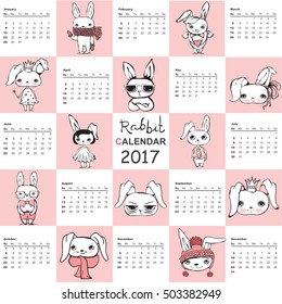 Calendar 2017. Cute rabbits for every month. Vector. Isolated.