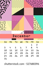 Calendar 2017. December. Retro vintage 80s or 90s fashion style. Memphis cards. Trendy geometric elements. Trendy colors. Eps 10