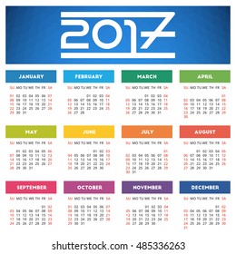 Calendar 2017 design with abstract blue geometric background. Week starts on Sunday