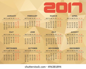 Calendar 2017 design with abstract golden polygonal background. Week starts on Monday
